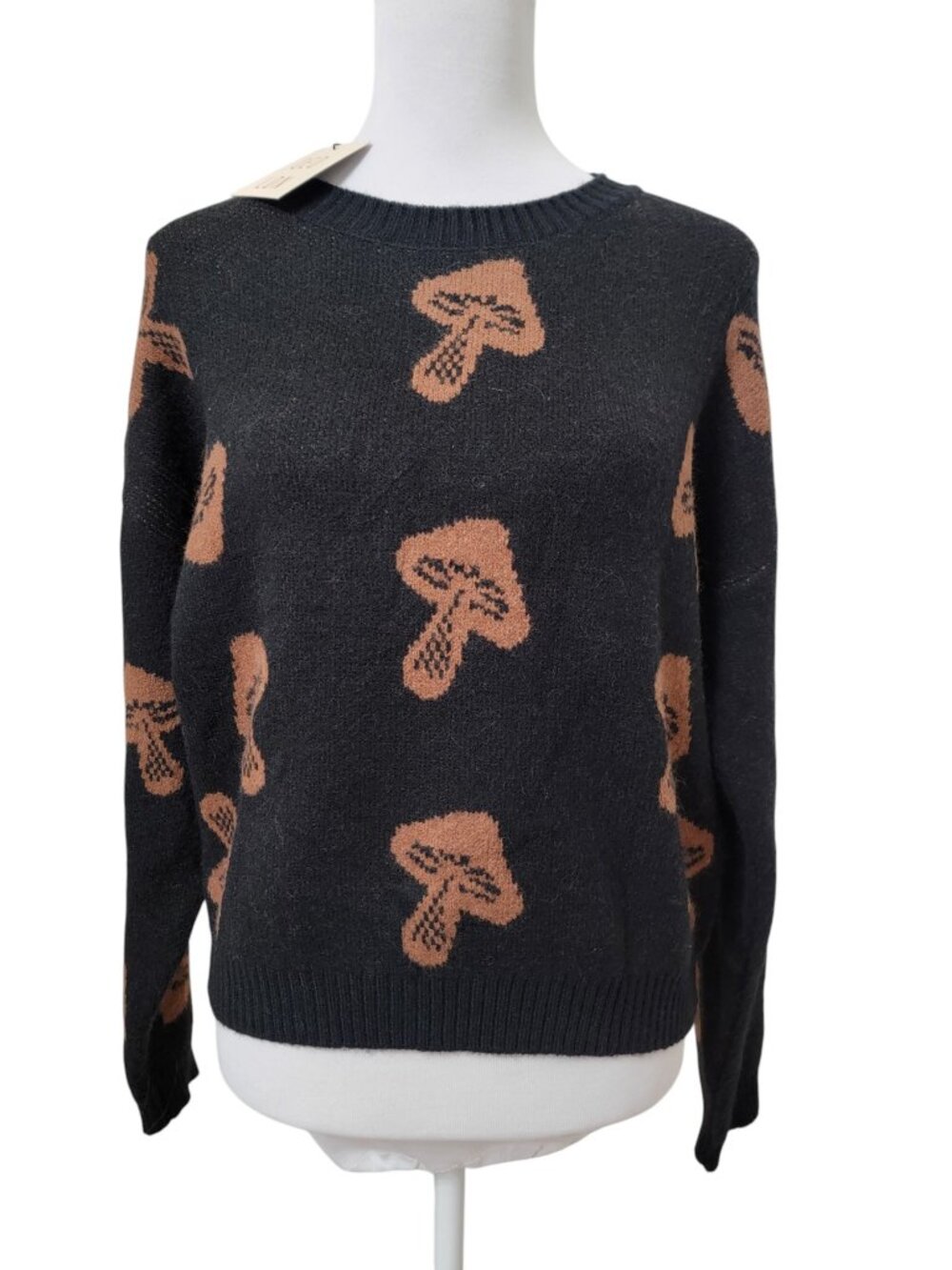 QED London Size XS/S Black with Brown Mushroom Pattern Sweater New W/Tag